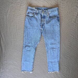 LEVI'S 501's BIG E BUTTON FLY RAW HEM BLUE JEANS - LABELED 27X30 (FITS 27X27)